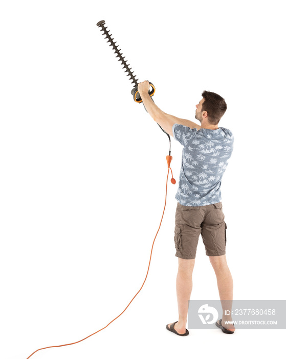 Man with hedge trimmer, isolated
