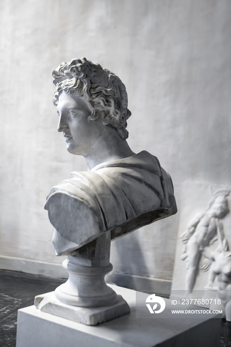 God Apollo bust sculpture. Ancient Greek god of Sun and Poetry Plaster copy of a marble statue on grange concrete wall background in studio. Copyspace for text.