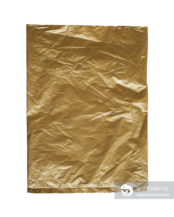 Golden crumpled plastic bag isolated