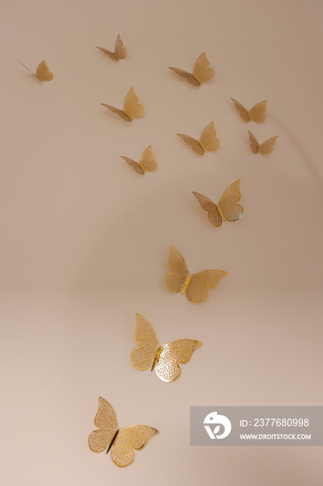 Detail of gold butterflies attached to the white wall.