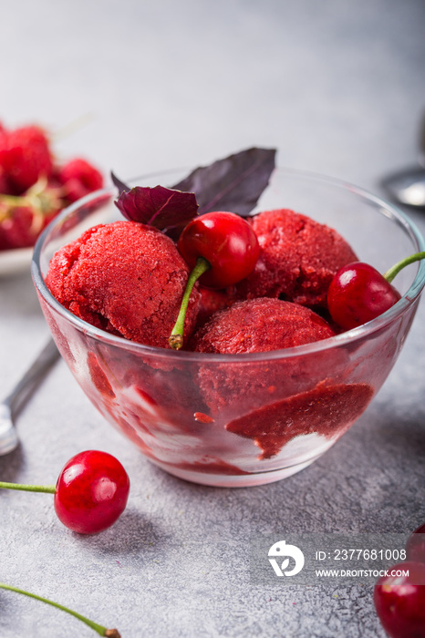 Organic cherry  Sorbet Ice Cream Balls in glass Ready to Eat. Organic Food.