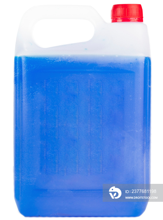 Plastic canister with the handle and watering can, the canister with non-freezing liquid for the washer of automobile windows isolated on a white background