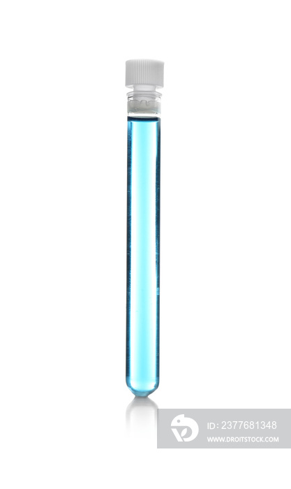 Test tube with blue sample isolated on white