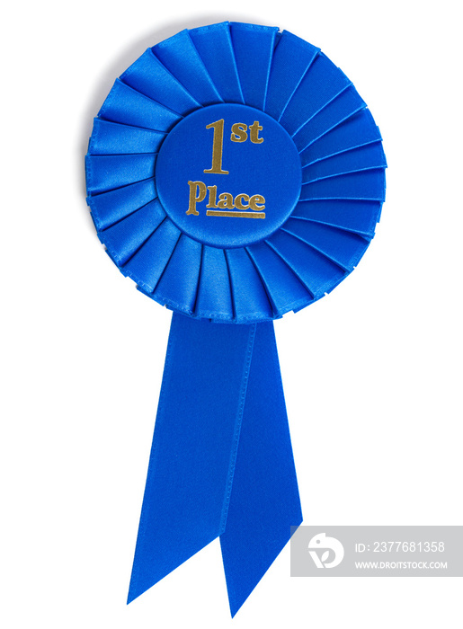 A blue first place ribbon on white background