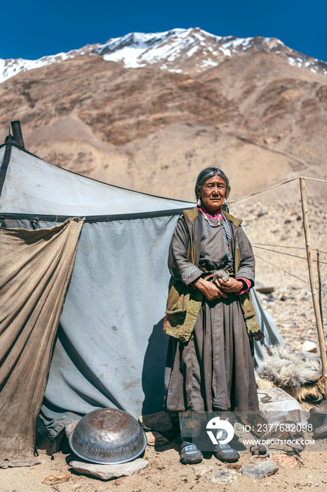 Nomadic old Woman. They live for several months a year in tents, looking for fresh pastures for their goats, from which comes cashmere wool. In Ladakh, Kashmir, India.