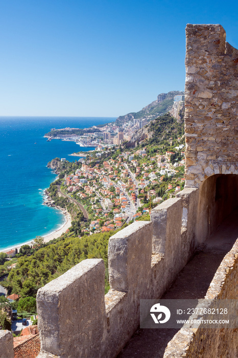 View of the sea and the Cote d’Azur from the fortress of the ancient castle in Roquebrune-Cap-Martin, France on the Mediterranean coast near Monaco. Travel along the Cote d’Azur.