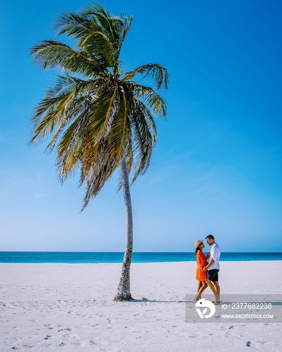 Eagle Beach Aruba, Palm Trees on the shoreline of Eagle Beach in Aruba, a couple of man, and woman on the beach of Aruba