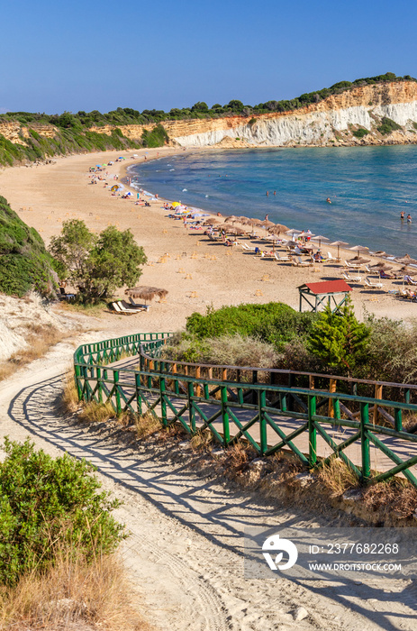 Picturesque sandy Gerakas beach - a breeding site of the caretta sea turtles, situated on Vassilikos peninsula of Zakynthos island on Ionian Sea, Greece.