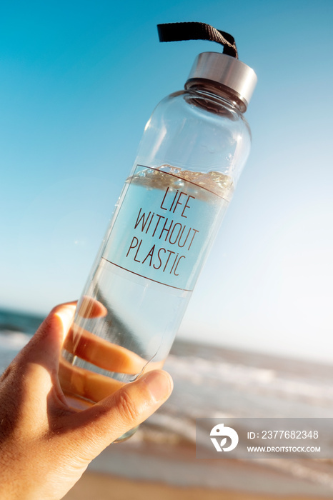 water bottle with the text life without plastic