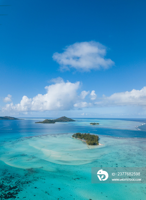 Aerial from a drone of blue lagoon and Otemanu mountain at Bora Bora island, Tahiti, French Polynesia(Bora Bora Aerial)