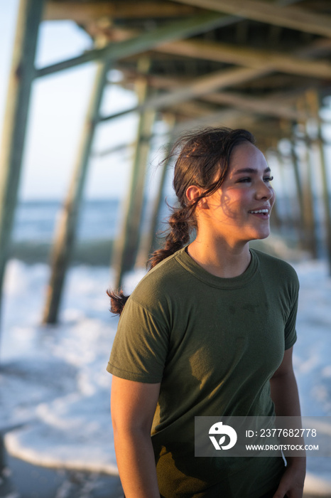 Marine veteran trains every morning on the beach to stay in shape just like when she was on active duty.