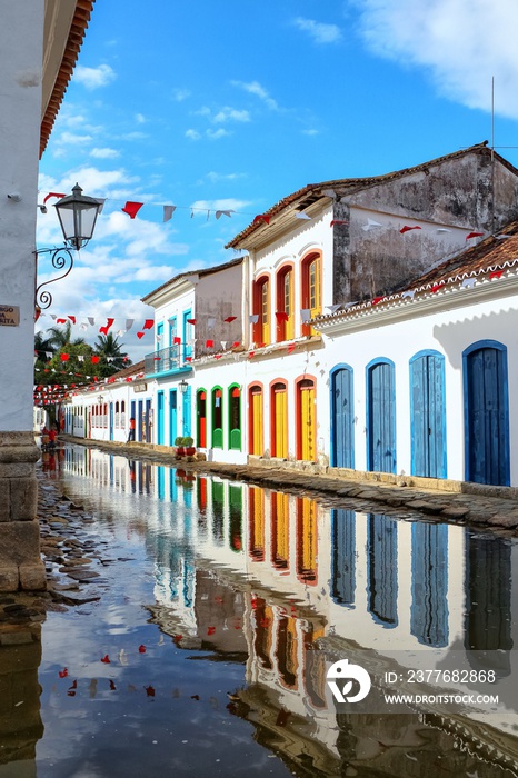 Mesmerizing shot of the colorful facade of the museum of the sacred art of Paraty in Brazil