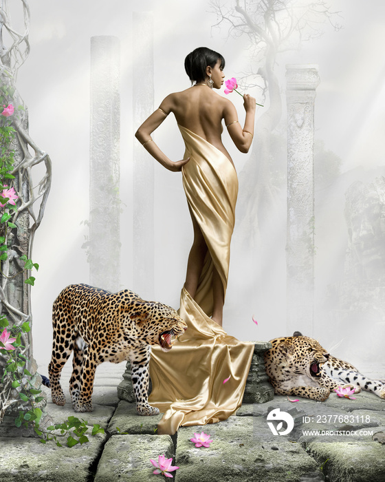 surreal fairy tale artwork, black skin girl with leopards, beautiful model and fantasy background