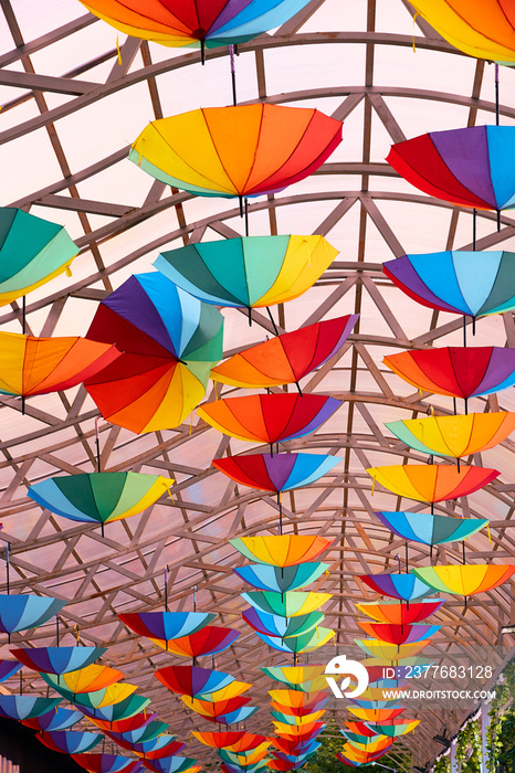 colorful umbrellas painted in the colors of the rainbow suspended on a canopy