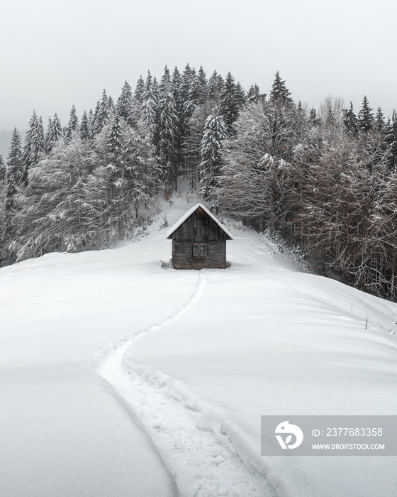 Fantastic winter landscape with wooden house in snowy mountains. Christmas holiday concept. Carpathians mountain, Ukraine, Europe