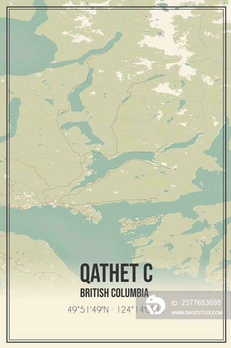 Retro Canadian map of qathet C, British Columbia. Vintage street map.