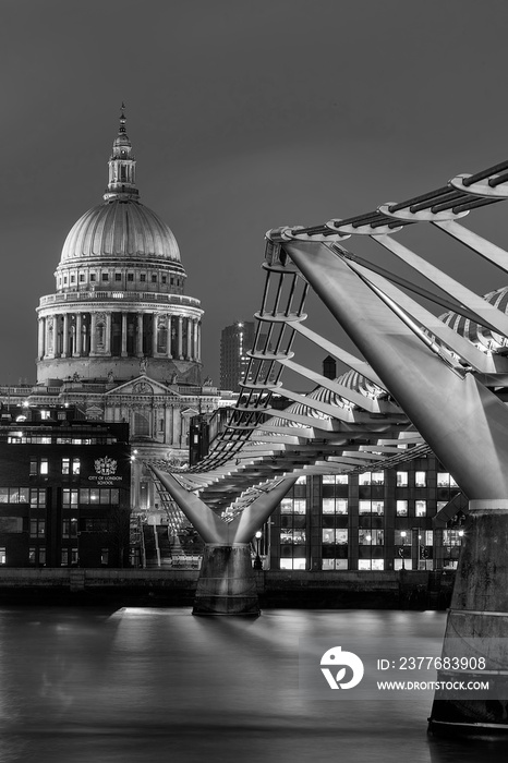 St Paul’s Cathedral along the length of Millennium Bridge, Black and White
