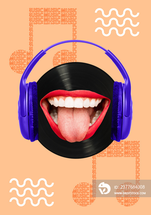 Music - how it tastes. Melomans head as a black vinyl record with brightning smile, red lips and purple headphones. Modern design. Contemporary art collage. Modern design. Contemporary art collage.