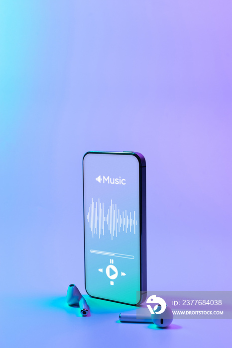 Music icon. Audio equipment with beats, sound headphones, music application on mobile smartphone screen. Radio recording sound voice on neon gradient background. Broadcast media music concept.