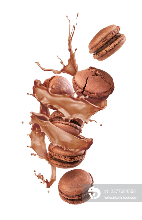 chocolate macaroons fly with a chocolate splash on a white background