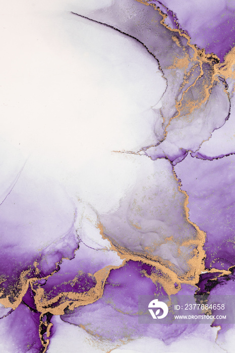 Purple gold abstract background of marble liquid ink art painting on paper . Image of original artwork watercolor alcohol ink paint on high quality paper texture .