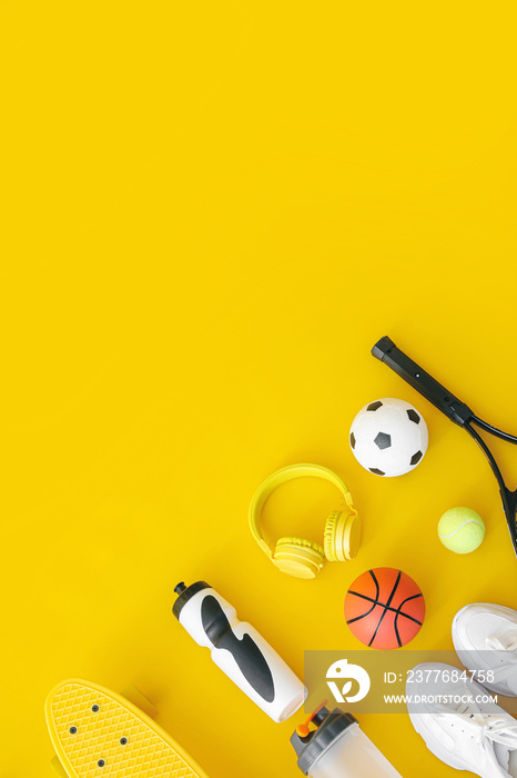 Set of sport equipment on color background