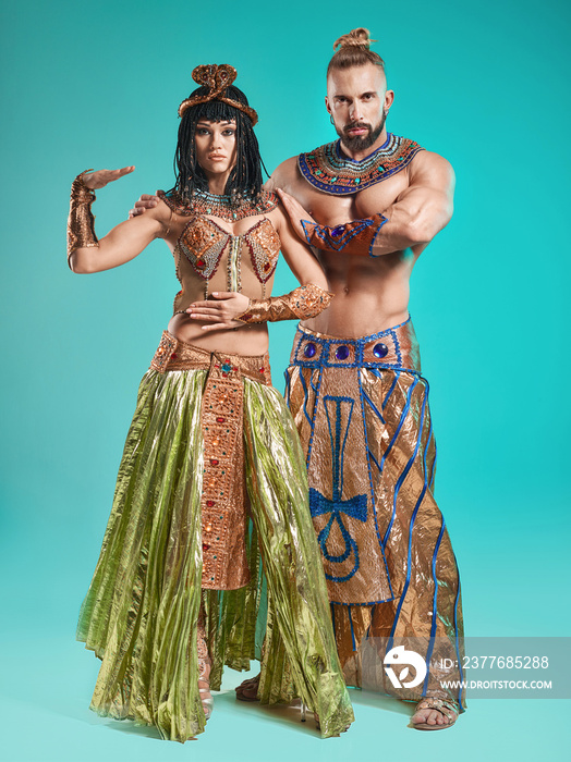 The man, woman in the images of Egyptian Pharaoh and Cleopatra