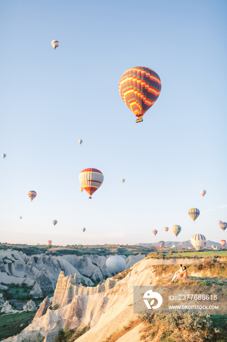 Colorful hot air balloons flying over the valley in Cappadocia, Turkey