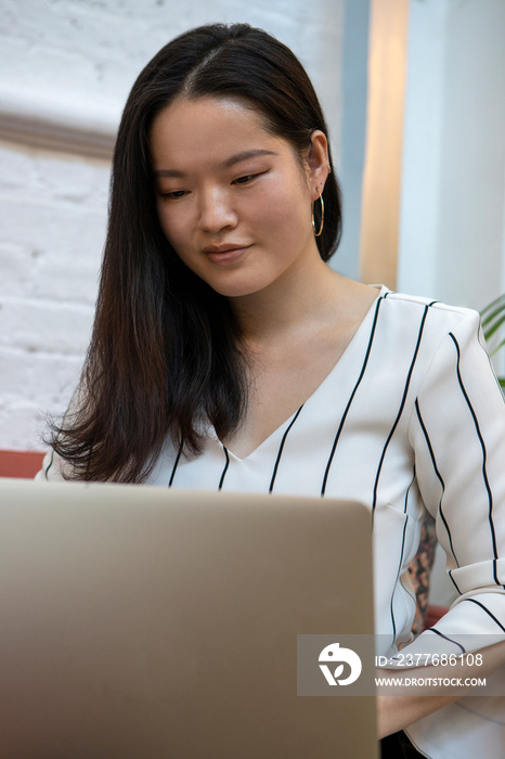 Woman using laptop at home