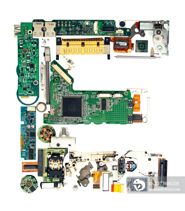 electronic E made up of lots of electronic parts