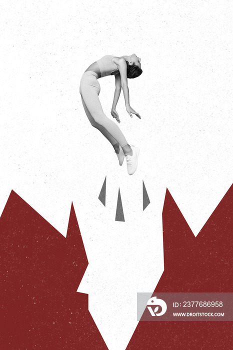 Vertical collage illustration of flying girl black white colors levitate air isolated on painted creative background
