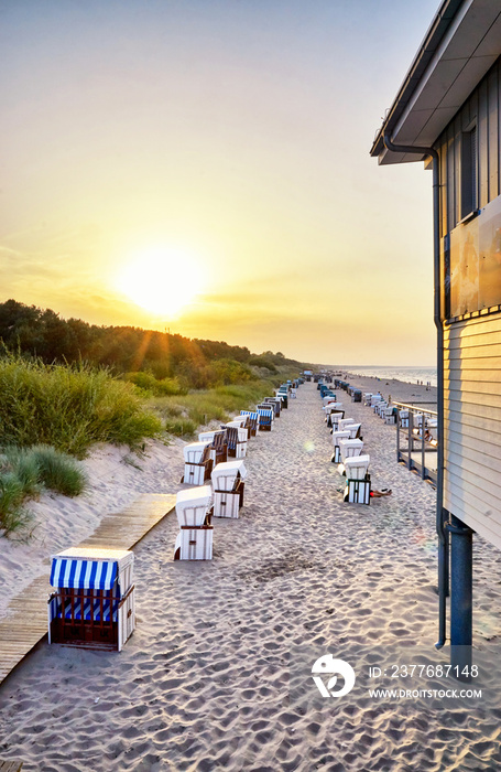 Beach with sunset at the pier in Zinnowitz. Usedom Island.