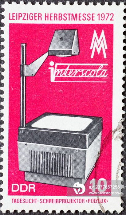 GERMANY, DDR - CIRCA 1972: a postage stamp from Germany, GDR showing an overhead projector. Text: Leipzig Autumn Fair 1972