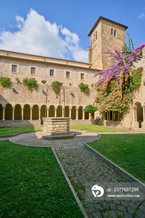 Cloister of Valvisciolo Abbey (Abbazia di Valvisciolo) Romanesque Cistercian styled church near the ancient town of Sermoneta, Lazio, Italy