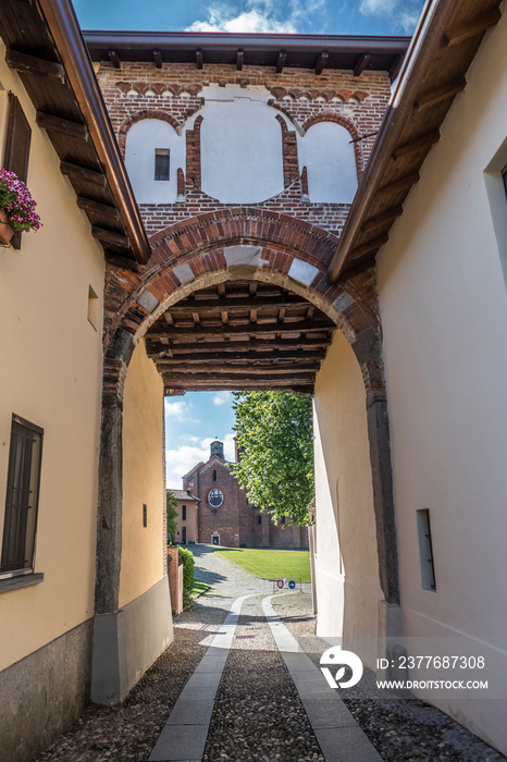 The little town of Morimondo with Arch and Abbey