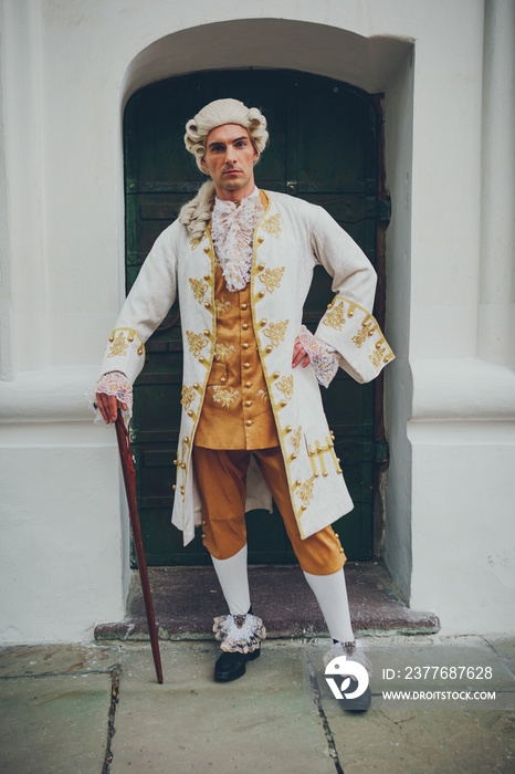 Portrait of a man in a medieval costume. Retro style and historical clothes concepts. Ukrainian Men’s fashion of the 18th century