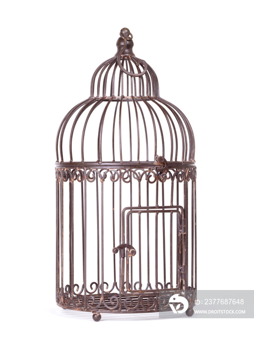 Empty birdcage on white background