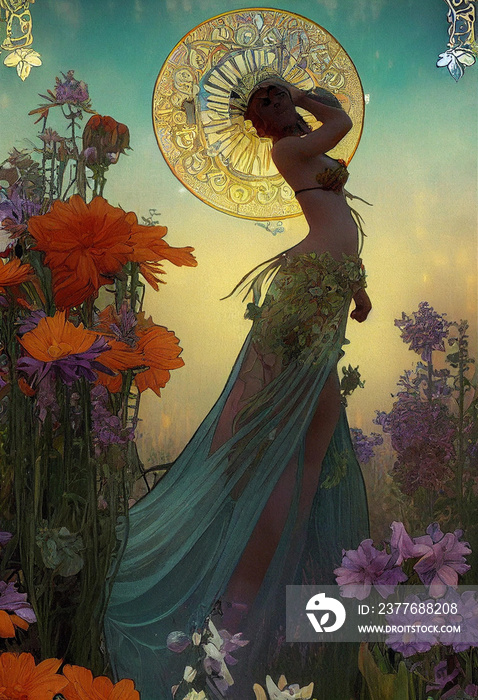 Tarot card, beautiful dancer among flowers, Alphonse Mucha style, made by AI