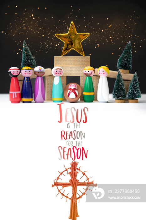 Jesus is the reason for the season and Nativity word Christmas nativity scene of baby boy child Jesus Christ in the manger with Mary Joseph and three wise kings and star of bethlehem with Cross.