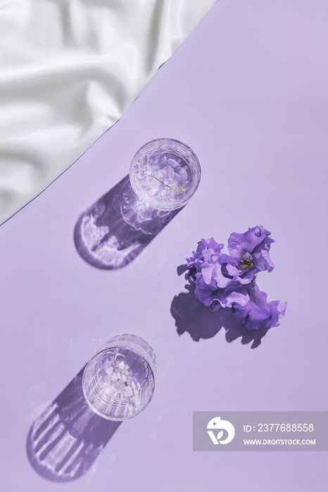 Two glasse with water with iris flowers on pastel violet background. Summer refreshment concept. Sunlit flat lay. Minimal style. Top view