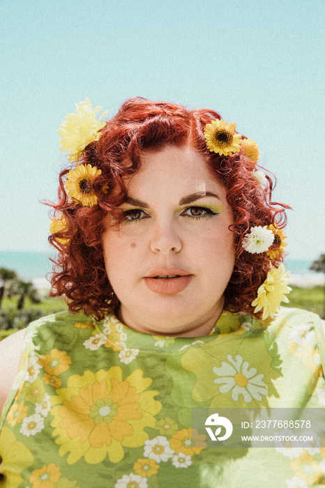 closeup of plus size woman with red hair