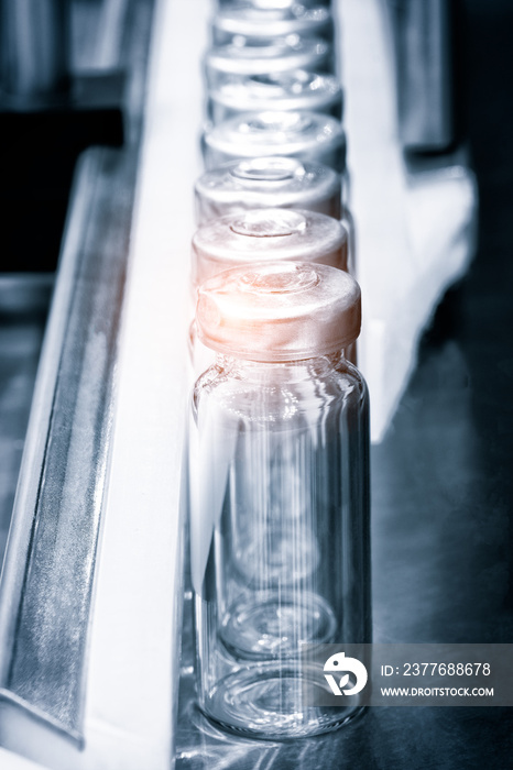 Glass bottles in production in the tray of an automatic liquid dispenser; a line for filling medicines against bacteria and viruses; antibiotics and vaccines.