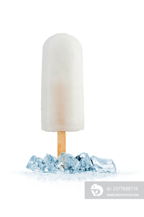 lemon ice lolly on ice cube on white background