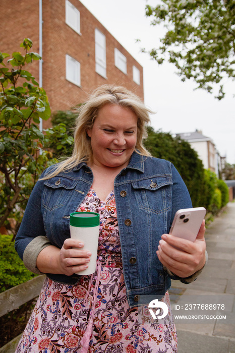 Happy plus-sized woman smiling at her phone while holding a reusable coffee cup