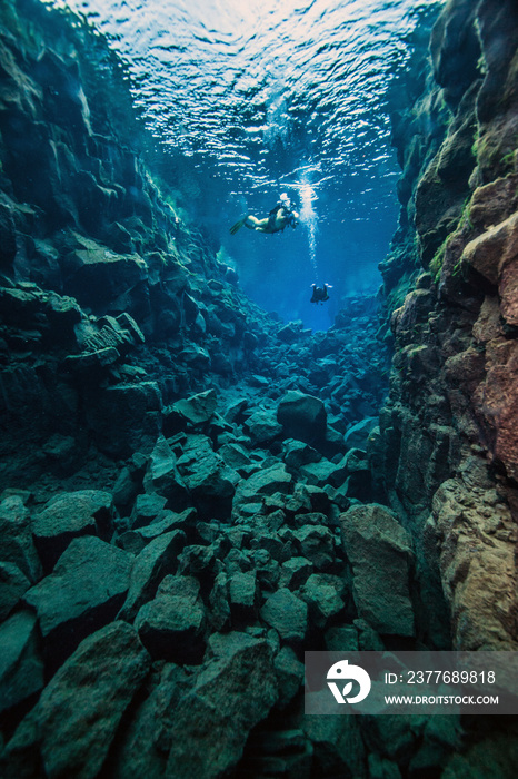 Scuba diving at the divespot Silfra in Iceland