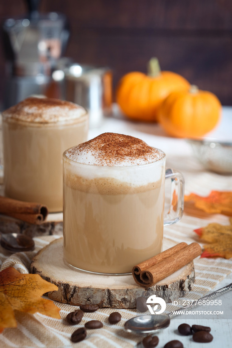 A glass of hot  autumn drink pumpkin spice latte in alternate healthy way without whip cream with mousse of milk topped with ground spices. Jack-Be-Little squad in background, with coffee bean