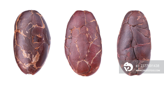 Peeled cacao beans, isolated on white background. Roasted and aromatic cocoa beans, natural chocolate. Top view. Macro.