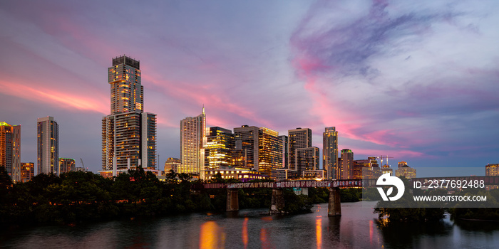 The city lights shine down on Austin, Texas