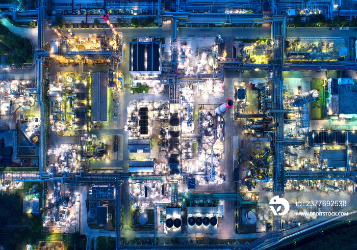 Aerial view Oil refinery.Industrial view at oil refinery plant form industry zone with sunrise and cloudy sky.Oil refinery and Petrochemical plant at dusk,Thailand. Oil refinery background sunset.