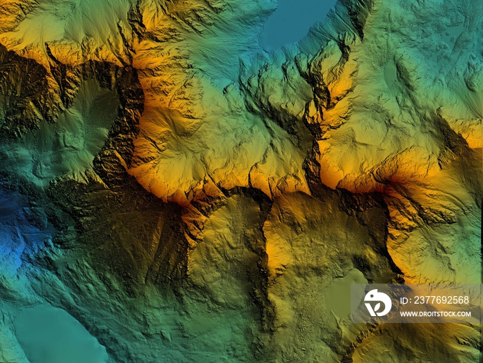 Digital elevation model. GIS product made after proccesing aerial pictures taken from a drone. It shows high rocky and steep mountain peaks. At their feet are visible valleys and mountain lakes